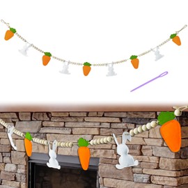 2m / 6.5 ft Bunny Garland with Wooden Beads Easter Rabbit Banner Felt Bunny Carrot Hanging Garland Easter Bunting Spring Decorations for Mantle Tree Stairs Table Easter Spring Home Decor