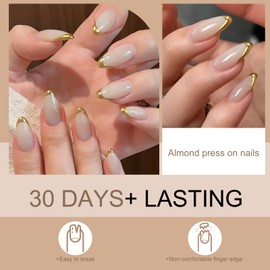 Wugbc French Tip Press on Nails Short Almond Gold Fake Nails Full Cover Glossy Acrylic Press on Nails Soft Reusable Glue on Nails Cute False Nails Kit for Women Manicure Nail Art Decoration 24PCS