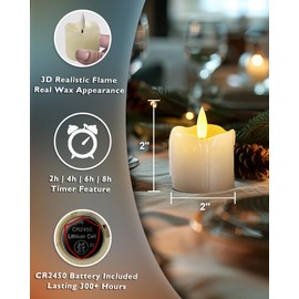 Homemory Flameless Votive Candles with Timer Remote, 2" x 2" Real Wax, 300+ Hour Realistic Black Wick Battery Operated Candles, Set of 6 for Wedding, Party and Holiday Decoration (Battery Included)