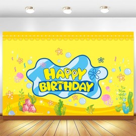 Seqiuay Cartoon Birthday Decorations, Yellow Banner for Birthday Party Backdrop, Photo Background Wall Decor Party Supplies