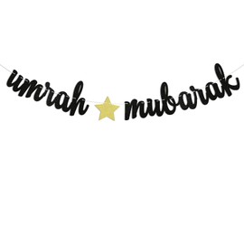 Umrah Mubarak Banner - Muslim Islamic Hanging Celebration Party Decorations, Ramadan Kareem Decor, Eid Mubarak Party Decorations Black Glitter