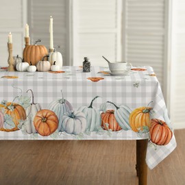 Horaldaily Fall Tablecloth 52x70 Inch Rectangular, Thanksgiving Autumn Harvest Watercolor Pumpkins Blue Buffalo Plaid Table Cover for Party Picnic Dinner Decor