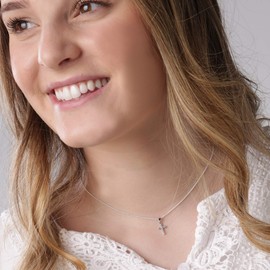 Precious Pieces Girl's or Women's Sterling Silver CZ Cross Necklace for First Holy Communion Gift