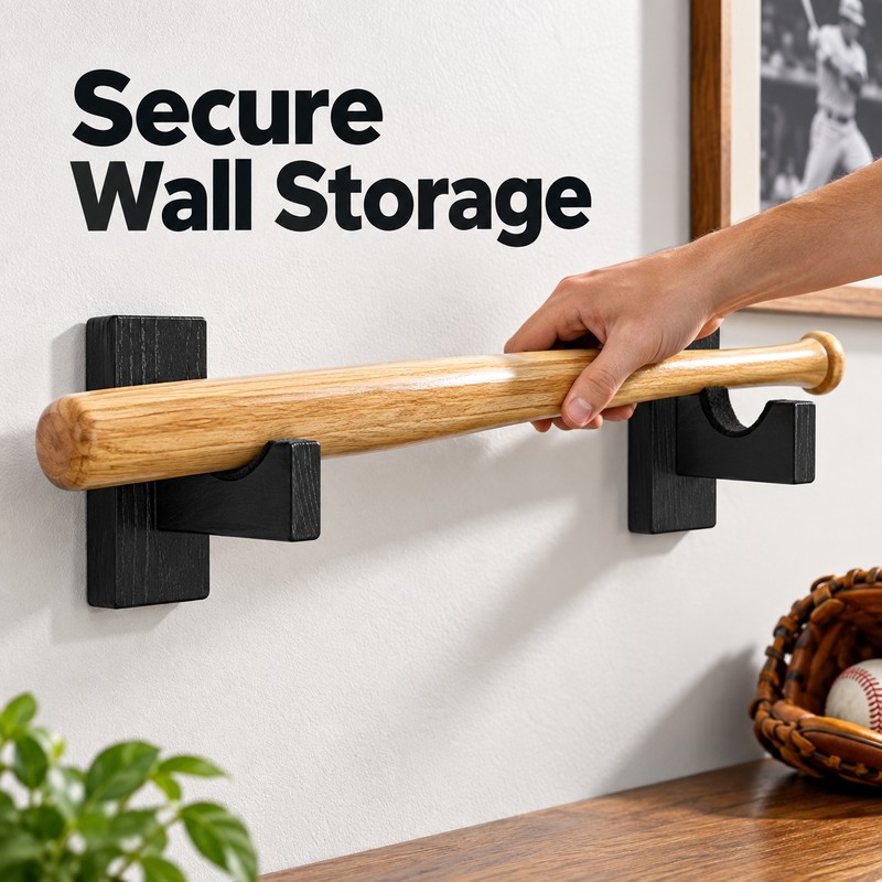 2-Piece Wooden Wall-Mount Baseball Bat Holder Display Rack with Soft