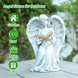 Ovewios Angel Statue Outdoor Decor, Elegant Angel Garden Statues Reading Book with Solar LED Lights Yard Decorations Lawn Ornaments Figurines Resin Sculpture for Outside, Angel Gardening Gifts