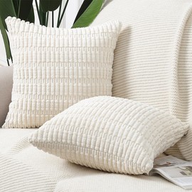 Madizz Pack of 2 Boho Striped Corduroy Throw Pillow Covers 22x22 inch, 55x55 cm, Beige Soft Decorative Cushion Cover for Sofa Bedroom Pillow Shell