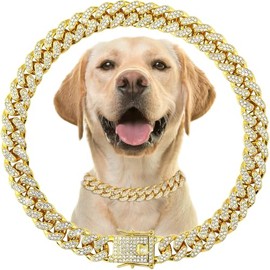 Collar de perro de cadena dorada con brillo, collar de diamantes, collar de metal con eslabones cubanos, diamantes de imitación brillantes para cachor