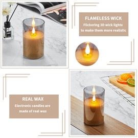 Guluto Flickering Flameless Candles, Rechargeable Battery Operated Candles with 3D Wick, Last 1000+ Hours LED Candle with Remote and Timer, Real Wax Candles, Grey Glass for Home, Christmas /3" x 6"