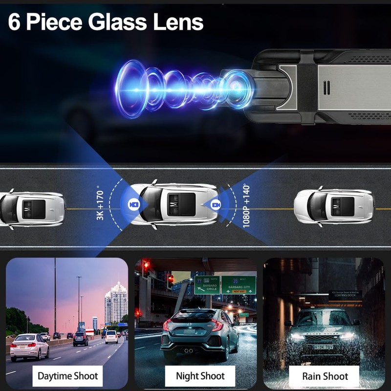 3 Channel Mirror Dash Camera for Cars, 10" Triple Rear