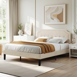 VECELO Queen Size Platform Bed Frame with Fabric Upholstered Headboard and Wooden Slats Support, No Box Spring Needed/Easy Assembly,Beige