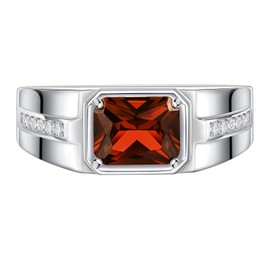 SweetJew Red Garnet Ring Mens Wedding Band 925 Sterling Silver Pave 5A Cubic Zirconia Emerald Cut Promise Ring For Him Size 10