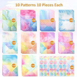 Cyiecw Set of 160 Writing Paper with Envelopes (10 Colours), 50 A5 Lined and 50 Envelopes, Watercolour Writing Paper Girls Writing Paper with 60 Stickers