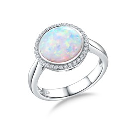 RANDES Opal Rings for Women Sterling Silver Engagement Rings October Birthstone Created Opal Jewelry Anniversary Solitaire Ring Size 9