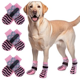 ROZKITCH 3 Pairs Anti-Slip Dog Socks with Adjustable Straps for Indoor Hardwood Floor - Extra-Thick Grip for Better Traction Control, Dog Paw Protector to Prevent Licking Paws Scratching Pink M