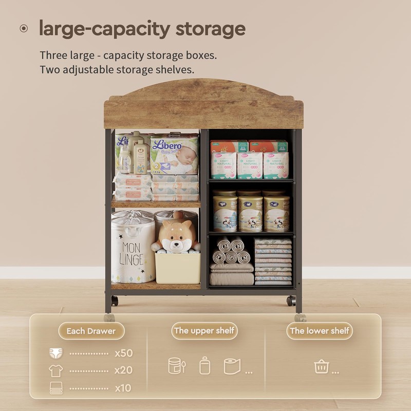 YeTom Changing Table Dresser, Baby Dresser with 3 Fabric Drawers