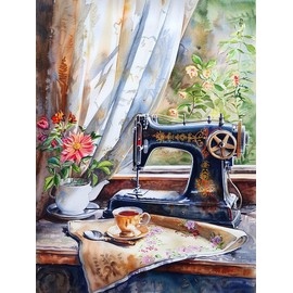 MOMAKA 5D Diamond Painting Kits Retro Sewing Machine for Adults, DIY Diamond Painting Full Drill Set Cup, Round Diamond Arts Craft Cross Embroidery Painting Kits for Home Wall Decoration 30 x 40 cm -