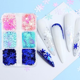 OHWODA Snowflake Nail Glitters for Christmas Day Nail Art Decorations Winter Nail Art Supplies Sequins Blue Pink Snowflake Nail Confetti Cute Christmas Nail Stuff for Women, 6Grids