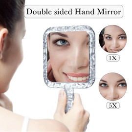 YEAKE Hand Mirror,Double-Sided Handheld 1X/5X Magnifying Mirror with Handle for Makeup, Shaving Mirror with Hole Hanging,Acrylic, 6.1" W x 10" L, Square Shape, Transparent 2 PCS