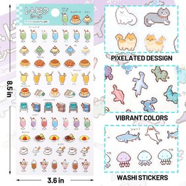 SHANGRLA Japanese Kawaii Retro Pixel Style Stickers for Scrapbooking – Cute Animal, Food, Dinosaur, and Ocean Themes – Journaling Sticker Pack for Stationery and Crafting – 4 Sheets