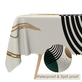 TTQYFNM 60x102inches Green Mid Century Tablecloth Boho Arch Sun Gold Leaves Modern Table Cloth Abstract Geometric Minimalist Oil Proof Stain Resistant Table Cover for Dining Room Kitchen Home Decor