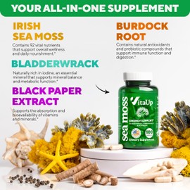 VitaUp Wildcrafted Irish Sea Moss Capsules with Burdock Root & Bladderwrack - USA Made Sea Moss Advanced for Hair, Skin, Immune & Energy Levels Support - SeaMoss Pills - 60 Vegan Capsules