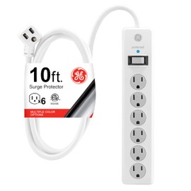 GE 6-Outlet Surge Protector, 10 Ft Extension Cord, Power Strip, 800 Joules, Flat Plug, Twist-to-Close Safety Covers, ETL Listed, White, 14092