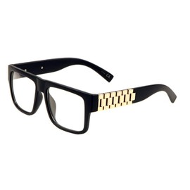 Metal Links Watch Band Square Hip Hop Sunglasses (Matte Black & Gold Frame, Clear)