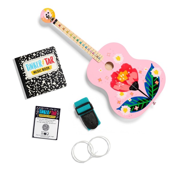 TinkerTar - Pink Floral Acoustic Guitar - The Easiest Way to Start and Learn Guitar - Premium Wood Construction - 1 Stringed Toy Instrument for Kids Intro to Music Ages 3 and up - from Buffalo Games