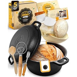 Cast Iron Dutch Oven for Bread Baking - incl. Sourdough Bread-Baking Supplies like Banneton Bread-Proofing Basket - 5QT Bread-Oven with Lid Bread-Making Kit Pan, Pot, Sour Sough Tools, Lame
