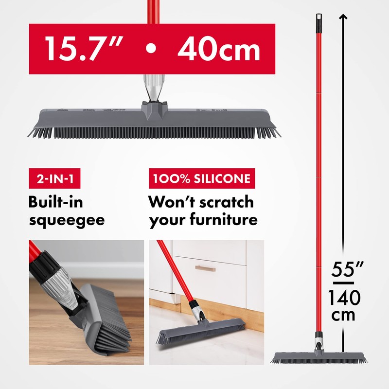 2-in-1 Silicone Rubber Broom Carpet Rake and Squeegee - Swivel