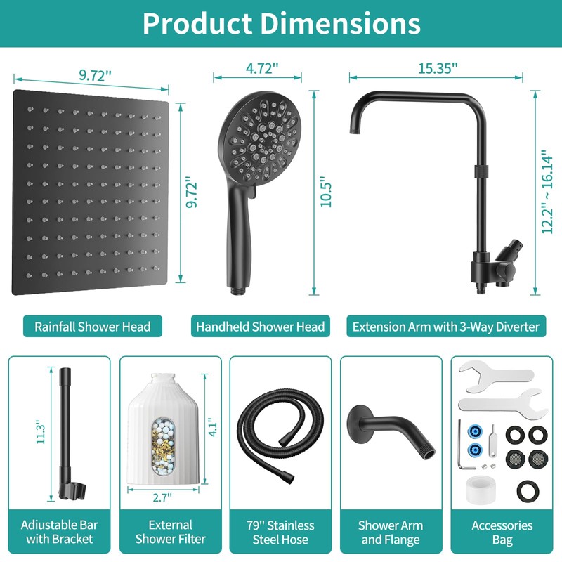 MIAOHUI High Pressure Rain Shower Head with 7 Settings Handheld