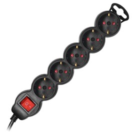 Miratic 5-Way Power Strip Multiple Socket Black with Switch Socket Strip 5-Way with Flat Connector IP20 Maximum Load [W]: 3680 Socket Type: Schuko (5 m)