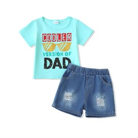 NZRVAWS Toddler Boy Clothes 2T 3T Boy Outfits Infant Little Clothing Letter Printed Tshirt Ripped Jeans Shorts Set Clothing Summer Green