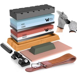 Knife Sharpening Stone Kit – 400/1000 3000/8000 Grit Wet Kitchen Whetstone Knife Sharpener Set with Non-slip Bamboo Rubber Base, Angle Guide, Flattening, Leather Strop and Cut Resistant Gloves