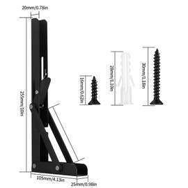Qeapug Folding Shelf Brackets, 2pcs Heavy Duty Collapsible Shelf Brackets, Folding Brackets Wall Mounted Triangle Shelves Bracket Supports for Bench Table Shelf, Black, Max Load 80kg (25cm/10 Inch)