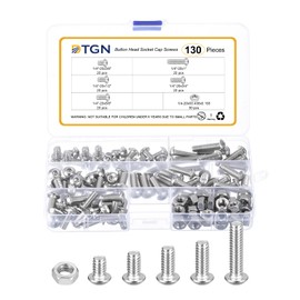 DTGN 130Pcs 1/4-20x3/8 to 1" Button Head Socket Cap Screws - 304 Stainless Steel Bolt Nut Set Washer Assortment Kit - Good for Road Bicycle, Mountain Bike, Auto