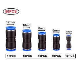 HUAZIZ Pack of 50 Straight Pneumatic Connectors, Air Push Quick Attachments, Pneumatic Fittings Push in Quick Coupling Connector for Air Water Hose Connection 4/6/8/10/12 mm