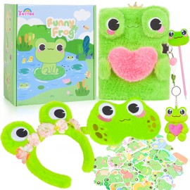 Frog Gifts for Girls, Kids Frog Plush Toys with Secret Diary, Headband, Ballpoint Pen, Eye Mask, Stickers, Birthday Gifts for Little Girls Age 5 6 7 8 9 10-12 Years Old