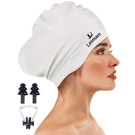 Large Long Hair Swim Cap with Extra Room for Women Men, Silicone Swimming Cap for Long Thick Hair with Ear Plugs Nose Clip Set, Adult Waterproof Swim Hats Bathing Caps to Keep Hair Dry(White)