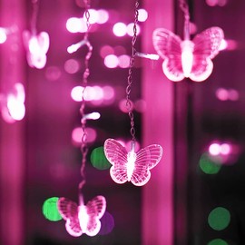 Butterfly Curtain Lights 60 LED 13.1FT USB Powered 8 Modes Remote Window Curtain Lights with 12 Butterflies Waterproof Twinkle Lights for Bedroom Christmas Holiday Party Decoration (Pink)