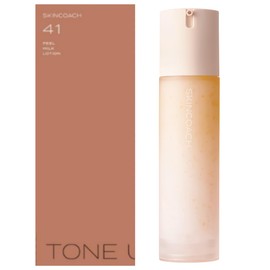 スキンコーチ ピールミルクローション（化粧水）/ 使用時：朝・夜/使う順番：ふきとり（洗顔後）・化粧水・乳液/使用量：ふきとり６プッシュ・化粧水or乳液４プッシュ ※１～1.5か月（使いかたによる）