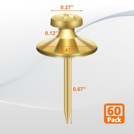 KURUI Push Pins for Wall Hanging, 60Pcs Large Picture Hanging Nails, Double Headed Nails for Hanging Pictures, Renter Friendly Thumb Tacks for Wall Tapestry Frame Art, Heavy Duty Picture Hangers-Gold