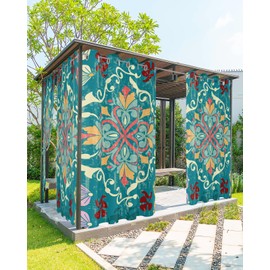 Hokiten Boho Teal Outdoor Curtains for Patio, Waterproof Porch Curtain, Colorful Vintage Turkish Pattern Modern Geometric Grommet Privacy Drapes Curtains for Cabana, Deck, 2 Panel, 54" x 84" x 2
