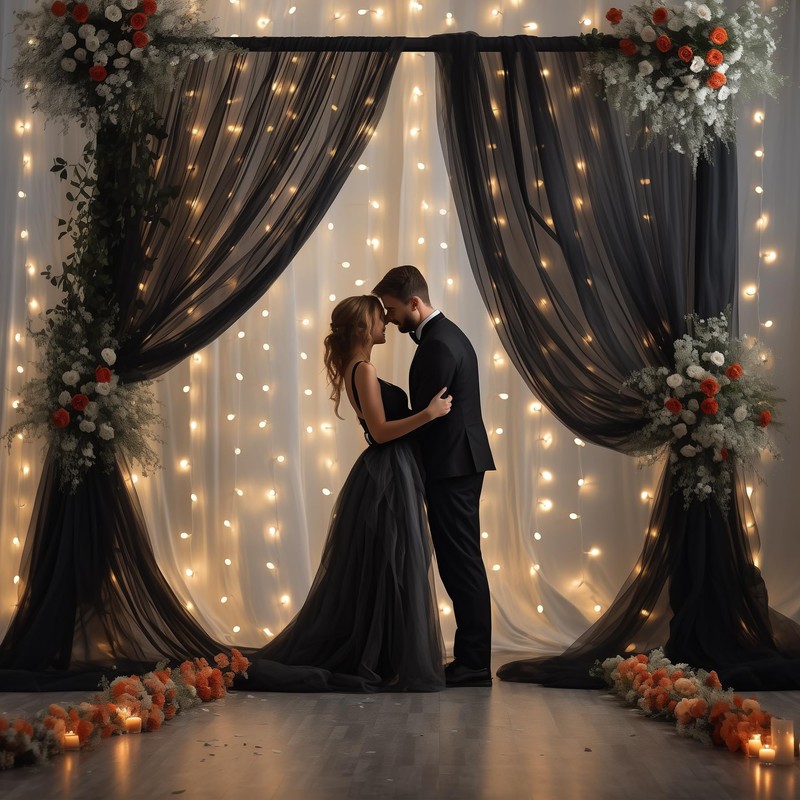30x8ft Black Tulle Backdrop Curtain with Lights String for Parites,