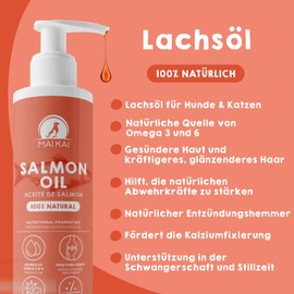 MAIKAI Salmon Oil for Dogs and Cats, 250 ml, 100% Natural and Pure, with Omega 3 and 6, Anti-Inflammatory, Healthy Skin and Shiny Coat, Vitamins and Calcium, For Joints and Defences