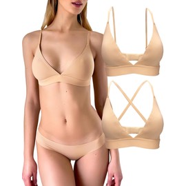 KUKU PANDA 2 Pack Women's Triangle Bralette Comfortable Cotton Wireless Padded Bra Lightly Lined V Neck (Beige, Small