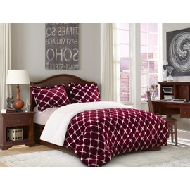 Elegant Comfort Softest, Coziest Premium Quality Heavy Weight Bloomingdale Pattern Micromink Sherpa-Backing Reversible Down Alternative Micro-Suede 3-Piece Comforter Set, King, Burgundy
