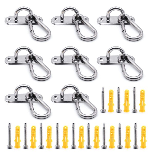 MgcTolBox 8 Sets M6 Eye Pad Plate and Metal Staple Ring Hook Heavy Duty Metal Pad Eye Plate and Carabiner Clips with 16 Screws for Hammocks, Suspension Training Straps,Shade Sails