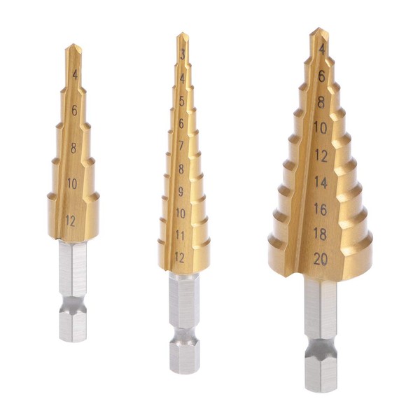 uxcell Step Drill Bits Set HSS 3-12mm 4-12mm 4-20mm Titanium