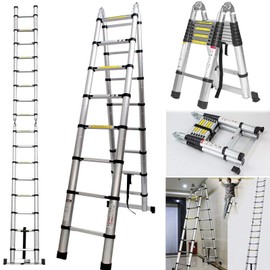 Telescopic Telescoping Extension Ladder 16.5FT Aluminum Alloy Extendable Lightweight Ladder Safety Multi-Purpose Straight Ladder Folding A-Frame Ladder Anti-Slip Pedal, One-Button Inward Retraction